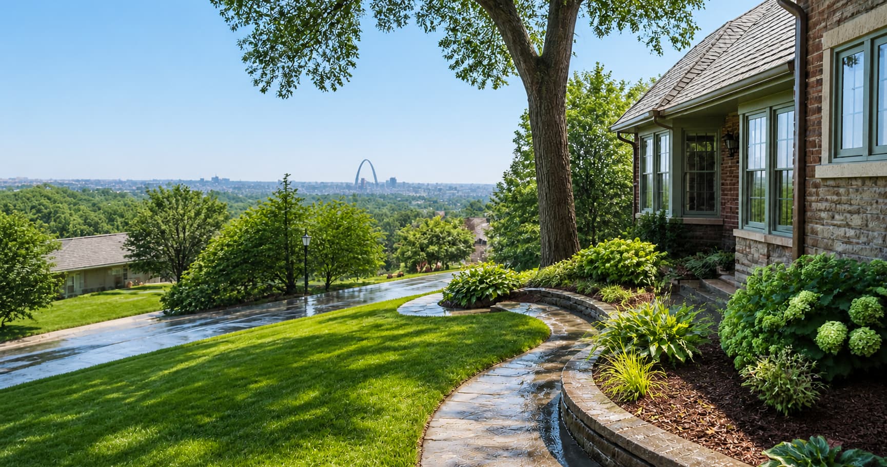 A bright daytime St. Louis garden with the Gateway Arch in the distance