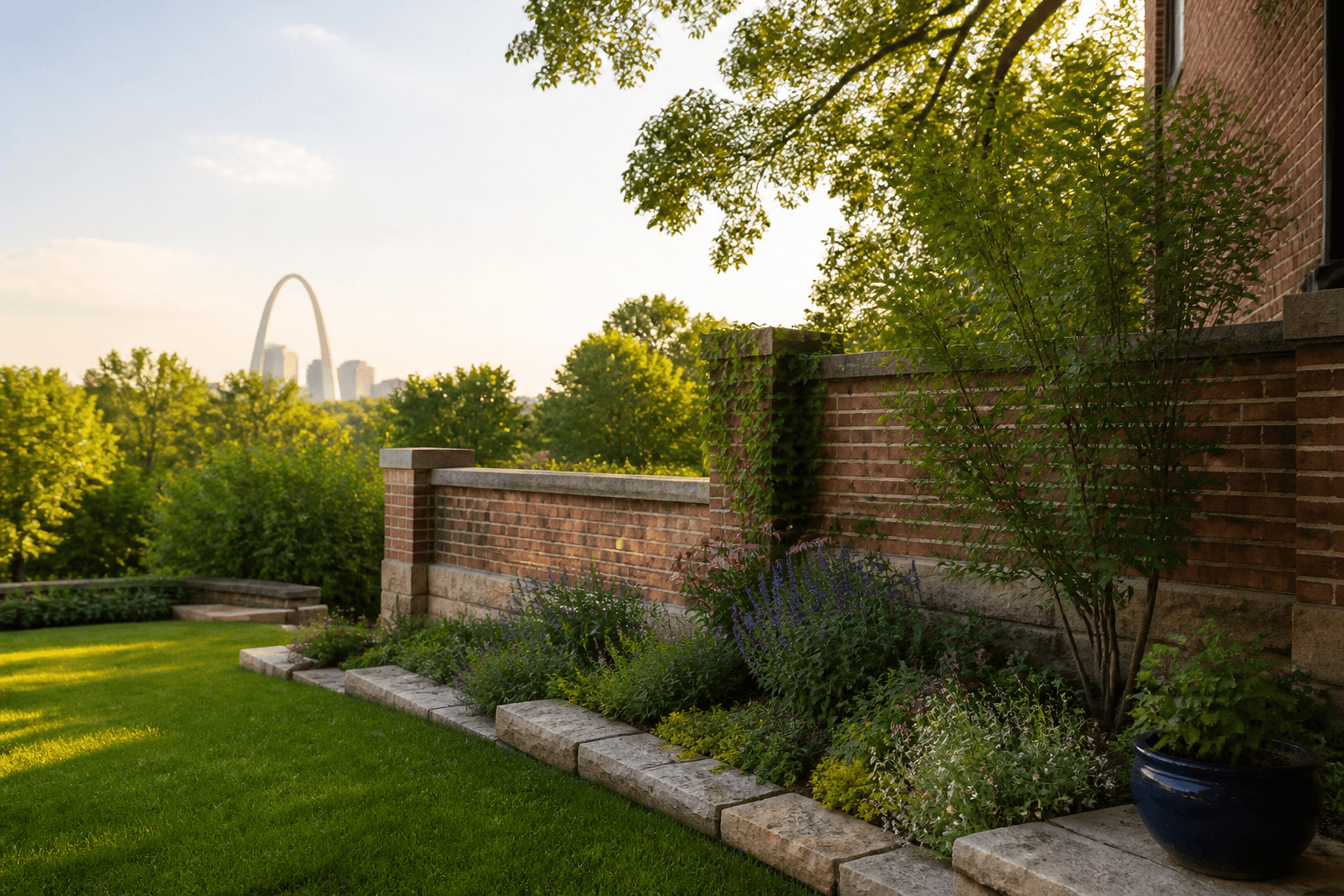 A St. Louis brick garden with the Gateway Arch beyond the trees