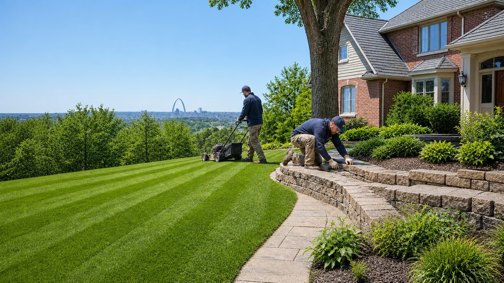 A lawn crew in a bright, signless St. Louis property scene